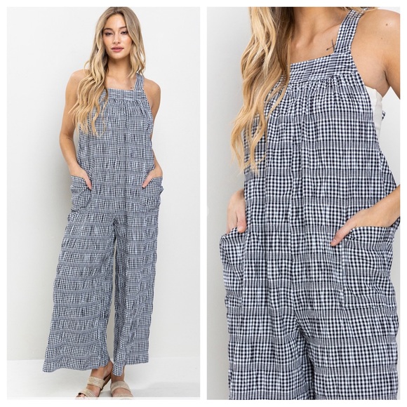 15 Boho Loose fit Plaid Wide-Leg Jumpsuit Side Pockets and adjustable straps - Picture 4 of 4